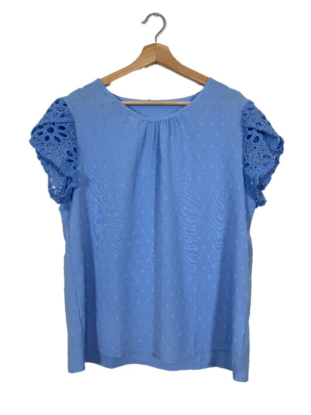 Women's Lace Sleeve Swiss Dot Top Size 14 Blue Business Casual Cottagecore Comfy